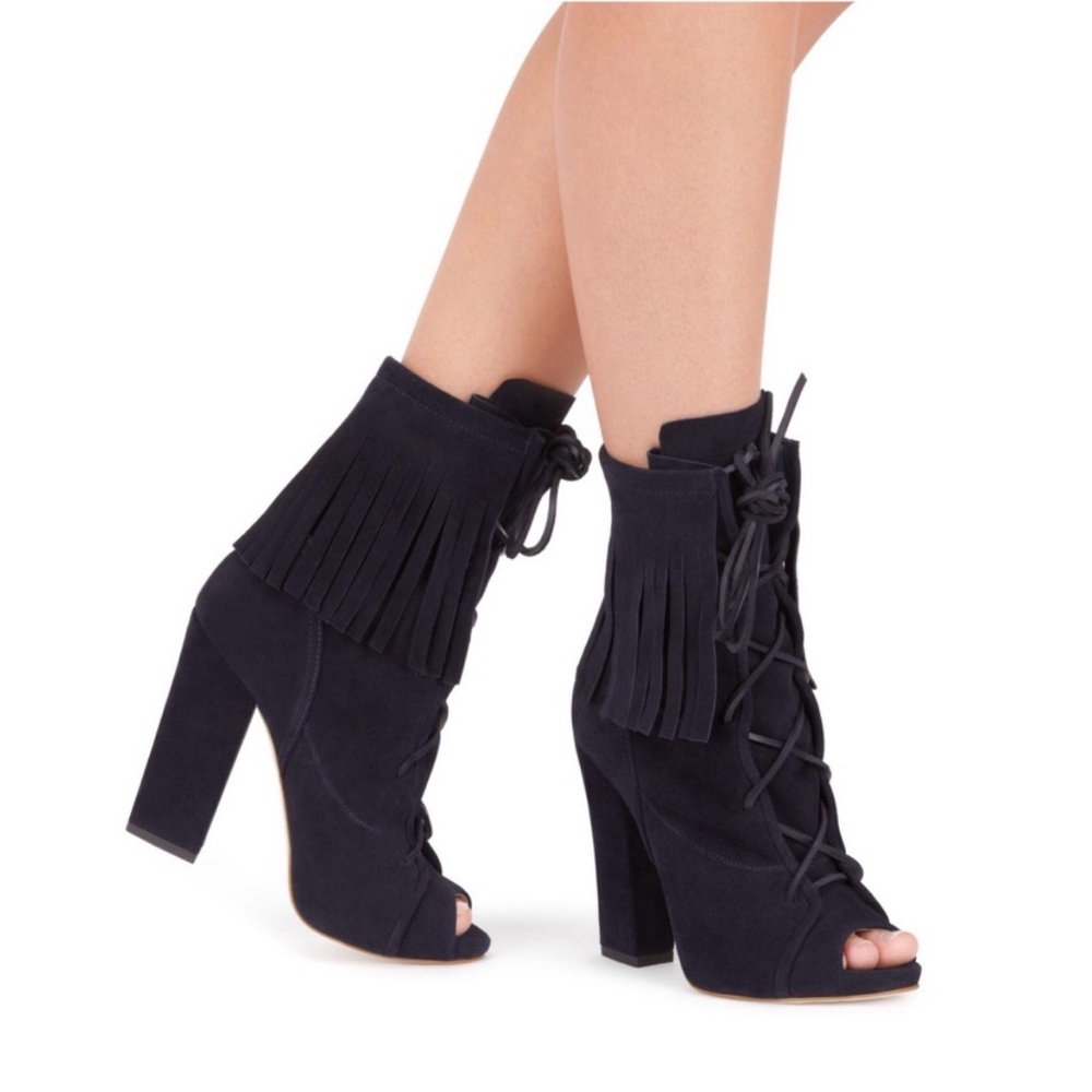Auth Giuseppe Zanotti Navy Fringe suede Boot Lace-Up Bootie open toe boho 7 37
